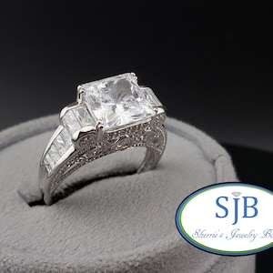 Engagement Rings, Vintage Cz Engagement Rings, 14k White Gold Princess Cut CZ Statement Ring, 14k Cz Travel Jewelry, Size 9, #C3132