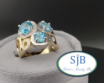 Ring blauwe zirkoon, ring blauwe zirkoon en diamant, 14k geelgouden ring blauwe zirkoon en diamanten halo, unieke jubileumringen, maat 6,25, #R1249