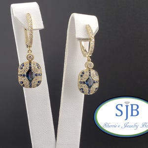 Sapphire Earrings, Sapphire and Diamond Dangles, 14k Yellow Gold Blue Sapphire & Diamond Halo Drop Earrings, September Birthstones, #E1976