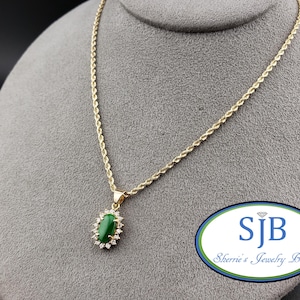 Vintage Jade Pendants, Vintage 18k Yellow Gold Oval Green Jade & Diamond Halo Pendant, Vintage Jade Jewelry, Unique Jade Pendants, #C4562