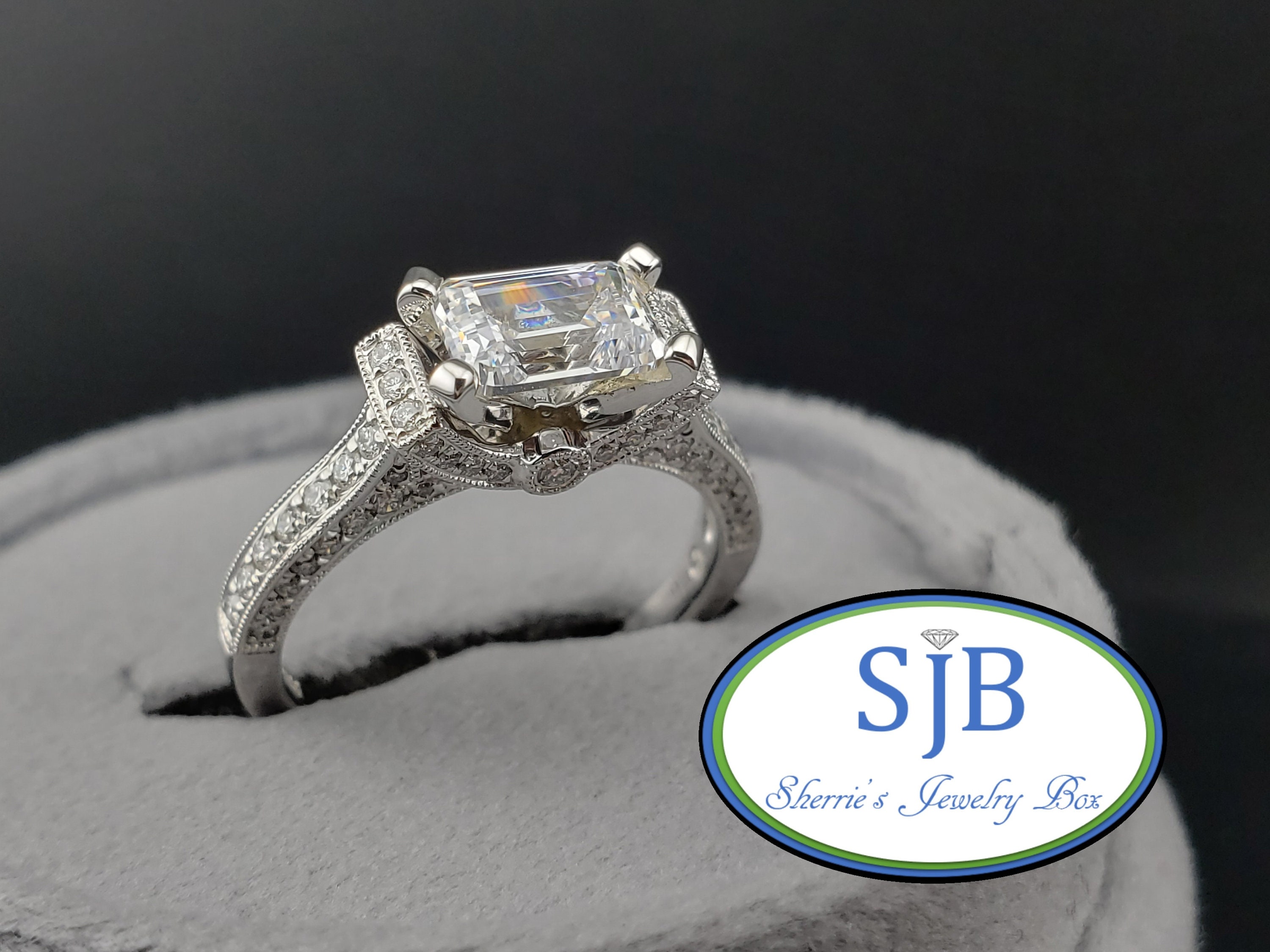 エンゲージリング、14Kホワイトゴールド ヴィンテージスタイル