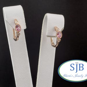 Pink Tourmaline & Diamond Earrings, Huggie Style Hoops, 14k Rose Gold Oval Pink Tourmaline and Diamond Hinged Huggie Hoop Earrings, #E2050