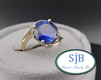 ヴィンテージ ツートン サファイア リング、14K ホワイト＆イエロー