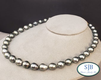 Black Pearl Strands, 18" Black Tahitian Pearl Strand, 8-11mm Tahitian Pearls with 14k Yellow Gold Clasp, June Birthstone Jewelry, #P1342