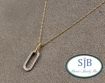 Paperclip Pendants, Diamond Paperclip Necklace, 14k Two Tone Gold Diamond Halo Paperclip Pendant with 18" Chain, Paperclip Jewelry, #P1447