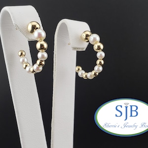 Pearl Earrings, Pearl Hoops, 14k Pearl Hoop Earrings, 14k Yellow Gold Graduated Pearl & Gold Bead J Hoop Earrings, Pearl Jewelry, #E1860