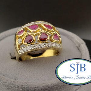 Vintage Ruby Rings, Vintage 18k Yellow Gold Pearshape Ruby & Diamond Statement Ring, Wide Stackable Rings, July Birthstone, Size 7.5, #C4639