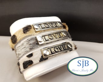 Leather Bracelets, Silver "Love" Bar Bracelets, Genuine Leather LOVE Bracelet, Adjustable Fur Bracelet, 6-7.5" Stackable Bracelets, #B308