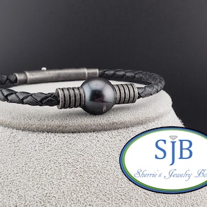 Braccialetti di perle, Bracciale in argento sterling 925 con perle di Tahiti, Bracciale in pelle intrecciata con perle di Tahiti nere, Pietra portafortuna di giugno, #B369