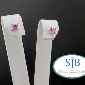 Pink Sapphire Earrings, 14k Pink Sapphire Studs, 14k White Gold Princess Cut Pink Sapphire Studs, September Birthstone Earrings, #E1933