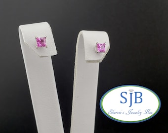 Pendientes de zafiro rosa, pendientes de zafiro rosa de 14k, pendientes de zafiro rosa talla princesa de oro blanco de 14k, pendientes de piedra natal de septiembre, #E1933