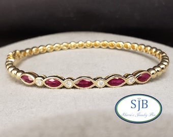 Ruby Bracelets, 14k Ruby & Diamond Bracelets, 14k Yellow Gold Ruby and Diamond Bangle Bracelet, Stackable Bracelets, July Birthstones, #B294