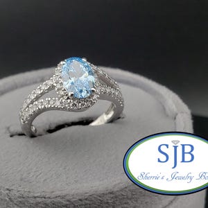 Anelli di fidanzamento, anelli con alone di diamanti da laboratorio, anello di fidanzamento con alone di diamanti da laboratorio blu ovale in oro bianco 14k, anelli per anniversario, misura 6,5 #WD1097