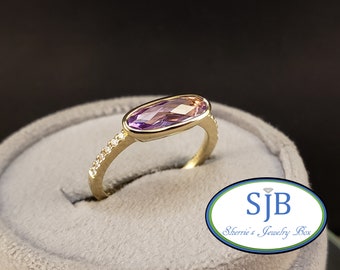 Amethyst Rings, 14k Yellow Gold Amethyst & Diamond Ring, East West Style Stacking Rings, February Birthstone Rings, Size 7.25, #R1200