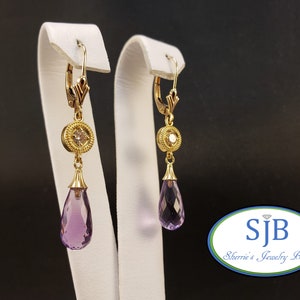 Amethyst Earrings, 14k Yellow Gold Amethyst Drop Earrings,  Long Amethyst & Diamond Leverback Earrings, February Birthstone Jewelry, #E1162