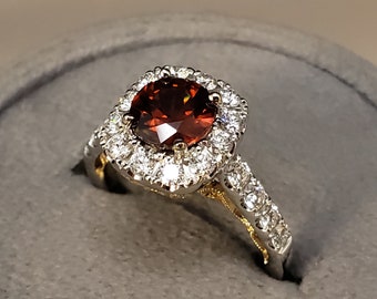 Red Zircon Ring, 18k White & Yellow Gold Natural Red Zircon