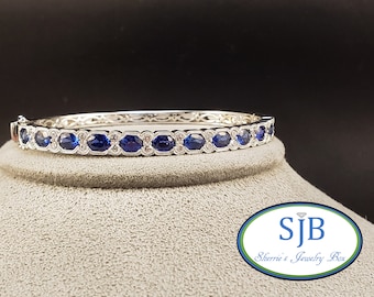 Sapphire Bracelets, Sapphire and Diamond Bracelets, 14k White Gold Oval Blue Sapphire & Diamond Bracelet, Hinged Bangle Bracelets, #B329