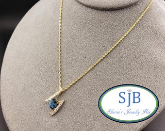 Blue Topaz Necklace, Blue Topaz & Diamond Pendant, 14k Yellow Gold London Blue Topaz and Diamond Statement Pendant with 14k Chain, #P1692