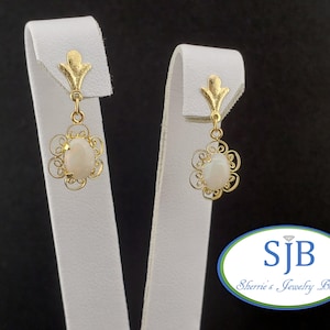 Opal Earrings, Vintage 14k Yellow Gold Oval Opal Stud Style Drop Earrings, Vintage Filigree Opal Drop Earrings, October Birthstone, #C4776