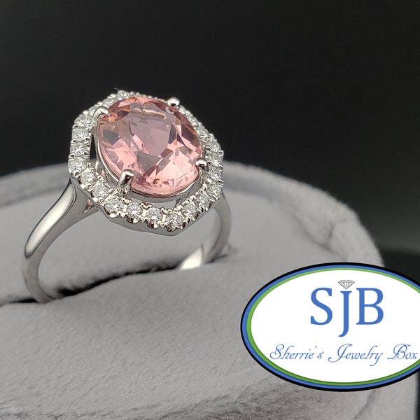 Pink Tourmaline & Diamond Rings, Engagement Rings, 14k White Gold Pink Tourmaline and Diamond Halo Ring, October Birthstones, Size 7, #R1262