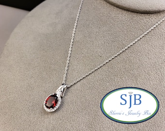 Garnet Pendants, Garnet and Diamond Necklace, 14k White Gold Garnet & Diamond Halo Pendant With 18" Chain, January Birthstones, #P1523