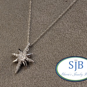Diamond Pendant, Star Pendant, 14k White Gold Diamond Star Necklace, 14k Diamond Star Cluster Pendant & 18&quot; Chain, April Birthstones, #P1401