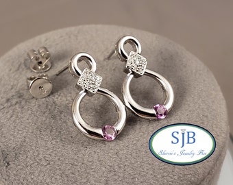 Sapphire Earrings, 14k Pink Sapphire Drop Earrings, 14k White Gold Pink Sapphire and Diamond Drop Earrings, Pink Gemstone Earrings, #E1583