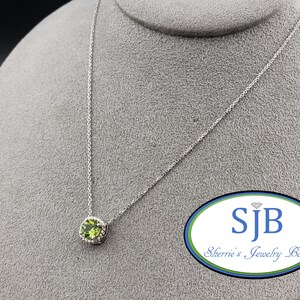 Peridot Pendants, Peridot and Diamond Necklace, 14k White Gold Peridot & Diamond Halo Pendant on Adjustable Chain, August Birthstone, #P1710