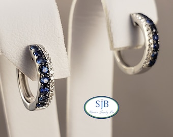 Sapphire Earrings ,14k White Gold Hinged Hoop Blue Sapphire & Diamond Earrings, 14k Sapphire and Diamond Huggie Earrings, #E1548