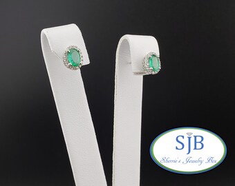 Emerald Earrings, 14k Emerald Earrings, Emerald and Diamond Studs, 14k White Gold Emerald & Diamond Halo Earrings, May Birthstones, #E1141