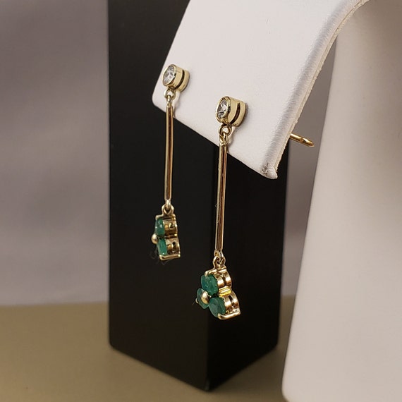 Emerald Earrings, 14k Yellow Gold Emerald & Diamo… - image 8