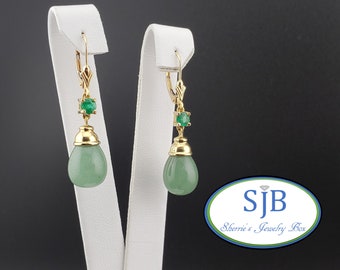 Emerald Earrings, 14k Jade Earrings, 14k Yellow Gold Green Jade & Emerald Drop Earrings, 14k Jade and Emerald Earrings, Jade Jewelry, #E1601