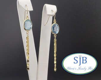 Blue Topaz Earrings, Vintage 14k Yellow Gold Blue Topaz Drop Earrings, Bezel Set Blue Topaz Tassel Earrings, Birthstone Earrings, #C3697