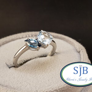 Anillos de topacio azul, anillo de topacio azul y diamantes en oro blanco de 14 k, anillo multicolor de topacio azul y diamantes, piedras de nacimiento azules, talla 7, n.° R1202