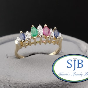 Vintage Gemstone Ring, 14k Yellow Gold Marquise Emerald Ruby Sapphire & Diamond Ring, Unique Vintage Rings, Stackable Rings, Size 6, #C5816