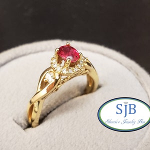 Ruby Rings, 14k Yellow Gold Ruby Halo Rings, 14k Red Ruby & Diamond Halo Ring, Ruby Engagement Rings, July Birthstone Ring, #R521, Size 6.75