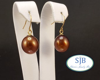 Pearl Earrings, Brown Pearl Drop Earrings, 14k Pearl Drop Earrings 14k Yellow Gold Pearl Earrings, Wedding Earrings, June Birthstones, #E510