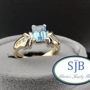 Vintage Aqua Rings, Vintage 14k Yellow Gold Emerald Cut Aquamarine and Diamond Ring, Stackable Rings, March Birthstone, Size 7.75, #C5940