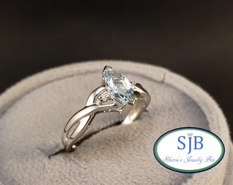 Aqua Rings, Aquamarine and Diamond Rings, Vintage 10k White Gold Marquise Cut Aquamarine & Diamond Ring, March Birthstones, Size 5.5, #C2497