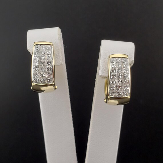Diamond Earrings, Vintage Diamond Hoops, Vintage 18k Yellow Gold Princess Cut Diamond Hinged Hoop Earrings, Diamond Statement Hoops, #C4329 View 2