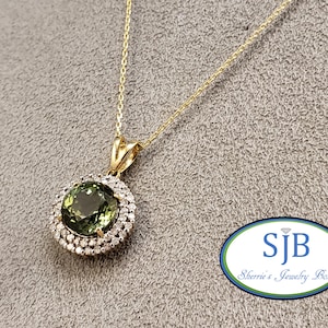 Green Tourmaline Pendant, 14k Yellow Gold Green Tourmaline & Double Diamond Halo Pendant, Green Gemstone Pendants, October Birthstone, #P461