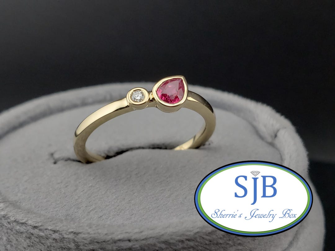 Ruby Stackable Aniversary Rings Ruby & Diamond Ring, 14k Yellow Gold Bezel Set Pearshape Ruby and ...