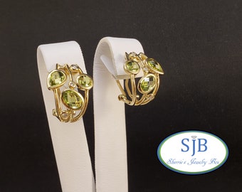Peridot Earrings, 14k Peridot and Diamond Hoops, 14k Yellow Gold Peridot & Diamond Hoop Earrings, Bezel set Hoops, August Birthstone, #E1679