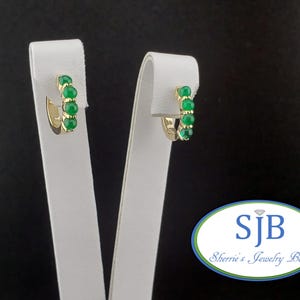 Emerald Earrings, 14k Cabochon cut Emerald Hoops, 14k Yellow Gold Emerald Hinged Huggie Hoop Earrings, May Birthstone Earrings, #E2032