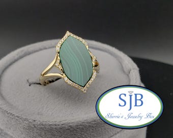 Malachite Rings, 14k Malachite Halo Ring, 14k Yellow Gold Marquise Malachite & Diamond Halo Ring, Unique Statement Rings, Size 6.5, #R1329