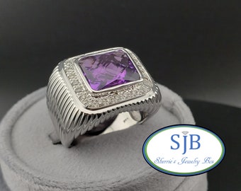 Amethyst Rings, Vintage Amethyst & Diamond Rings, Vintage 14k White Gold Amethyst and Diamond Halo Ring, Statement Rings, Size 10, #C3596