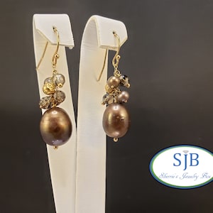 Pearl Earrings, 14k Chocolate Pearl and Smoky Quartz Earrings, 14k Yellow Gold Pearl & Smokey Quartz Drop Earrings, June Birthstones, #E818
