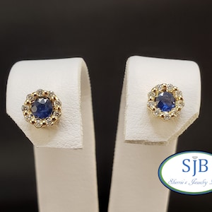 Sapphire Earrings, 14k Yellow Gold Blue Sapphire & Diamond Stud Earrings, Sapphire and Diamond Halo Earrings, September Birthstones, #E1625