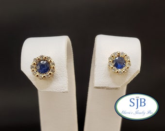 Sapphire Earrings, 14k Yellow Gold Blue Sapphire & Diamond Stud Earrings, Sapphire and Diamond Halo Earrings, September Birthstones, #E1625