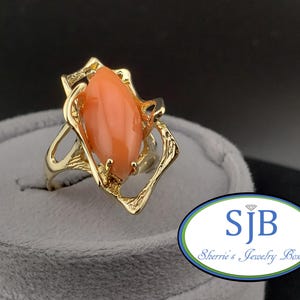Vintage Coral Rings, Vintage 14k Yellow Gold Marquise Cabochon Orange Coral Organic Rings, Unique Vintage Cocktail Rings, Size 6.5, #C4843